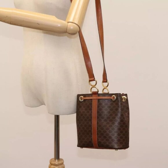 CELINE Macadam Canvas Shoulder Bag PVC Leather Brown Gold Auth EC156 - Picture 3 of 16